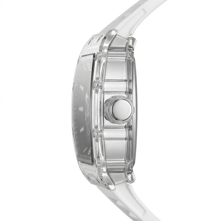 Close-up of a clear wristwatch with a white strap on a white background