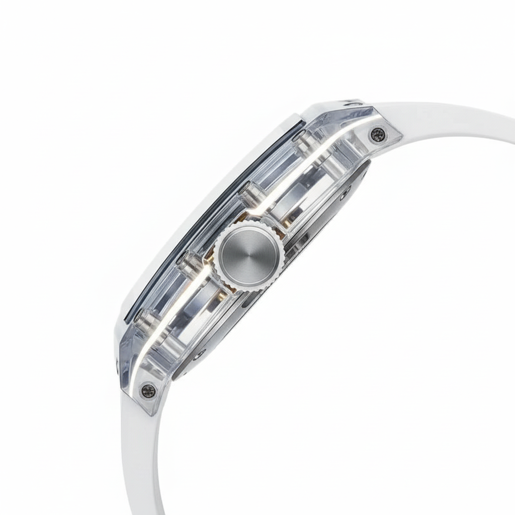 Close-up of a futuristic wristwatch with a clear case and white strap on a white background