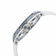 Close-up of a futuristic wristwatch with a clear case and white strap on a white background