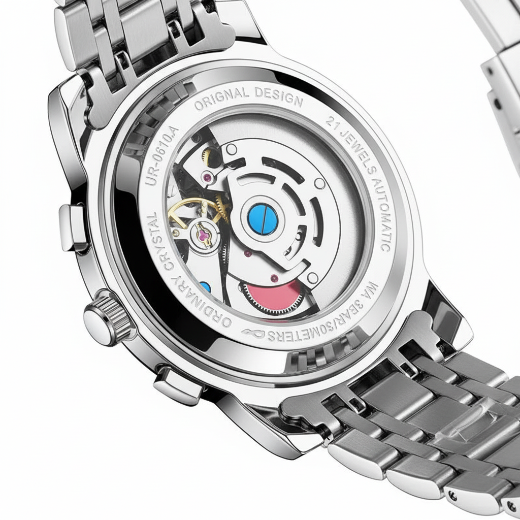 Close-up of a mechanical watch with visible brand name on a white background