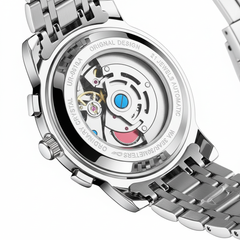 Close-up of a mechanical watch with visible brand name on a white background