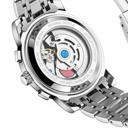 Close-up of a mechanical watch with visible brand name on a white background