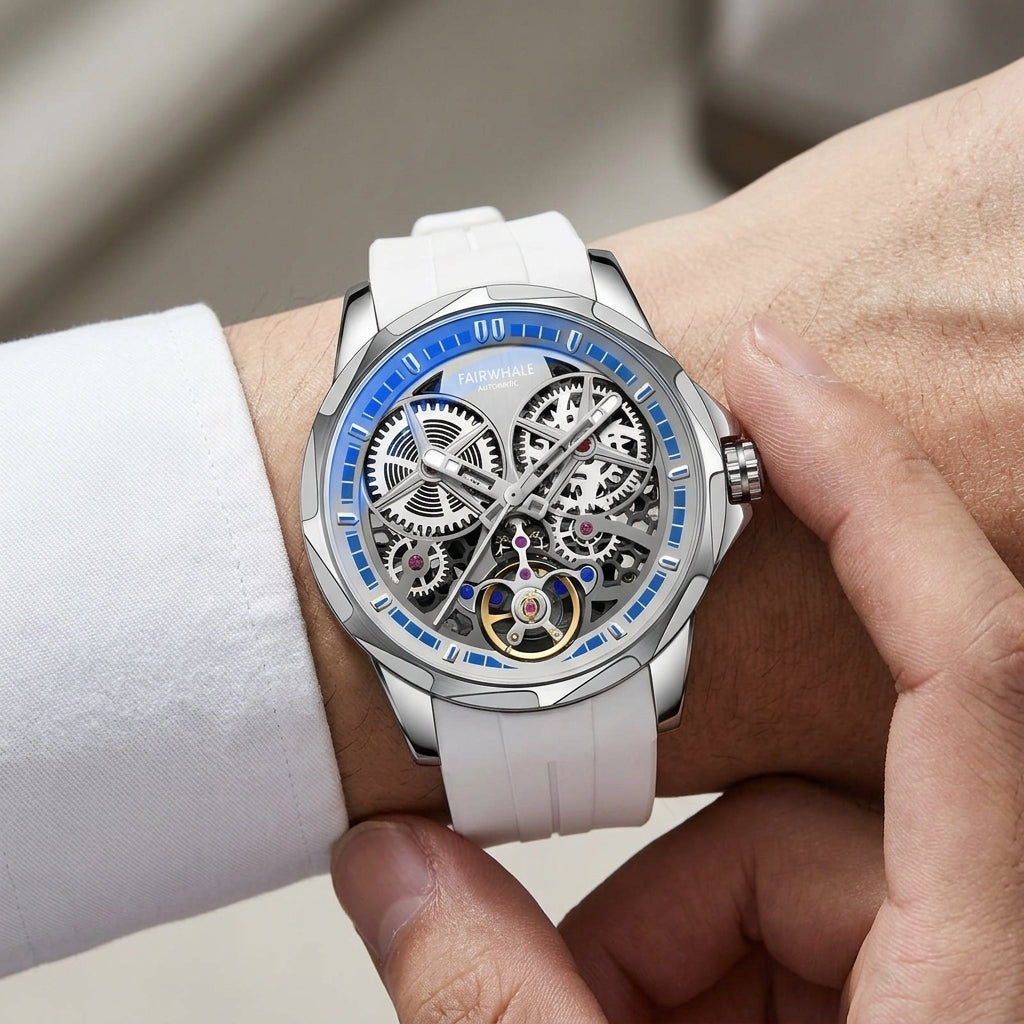 Close-up of a person wearing a white wristwatch with a detailed mechanical face.