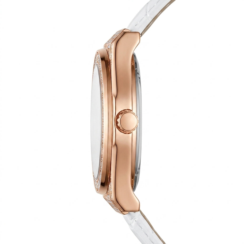 Close-up of a rose gold and white watch on a white background