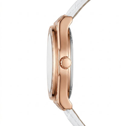 Close-up of a rose gold and white watch on a white background