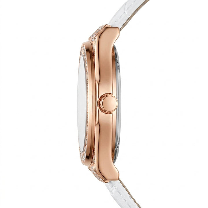 Close-up of a rose gold and white watch on a white background