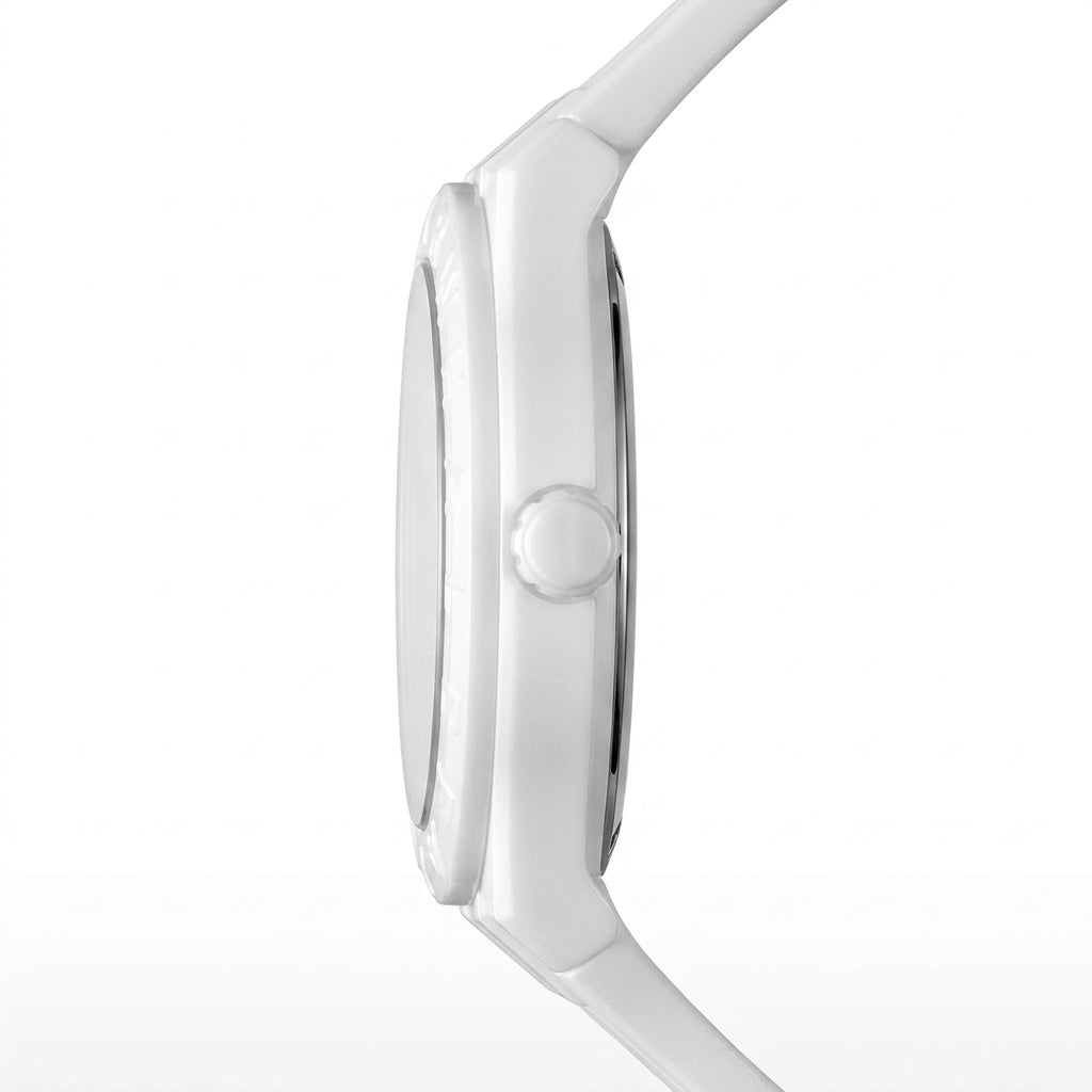 Close-up of a silver smartwatch on a white background