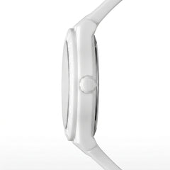 Close-up of a silver smartwatch on a white background