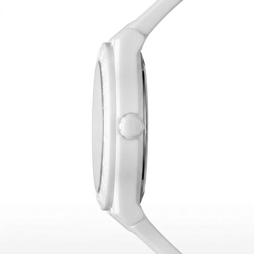Close-up of a silver smartwatch on a white background