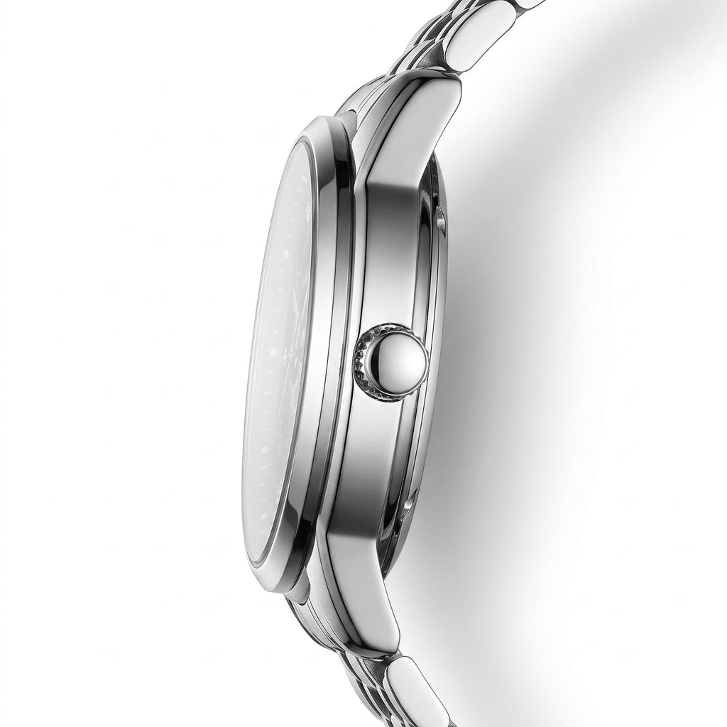 Close-up of a silver watch with a white background