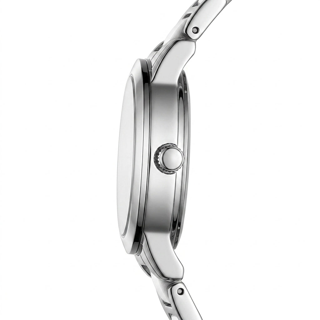 Close-up of a silver watch with a white background