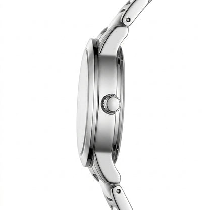 Close-up of a silver watch with a white background