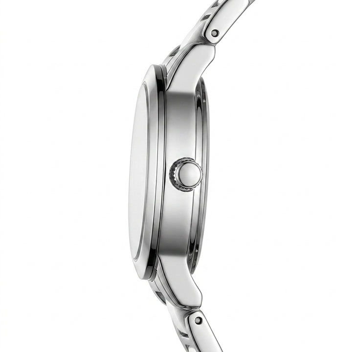 Close-up of a silver watch with a white background