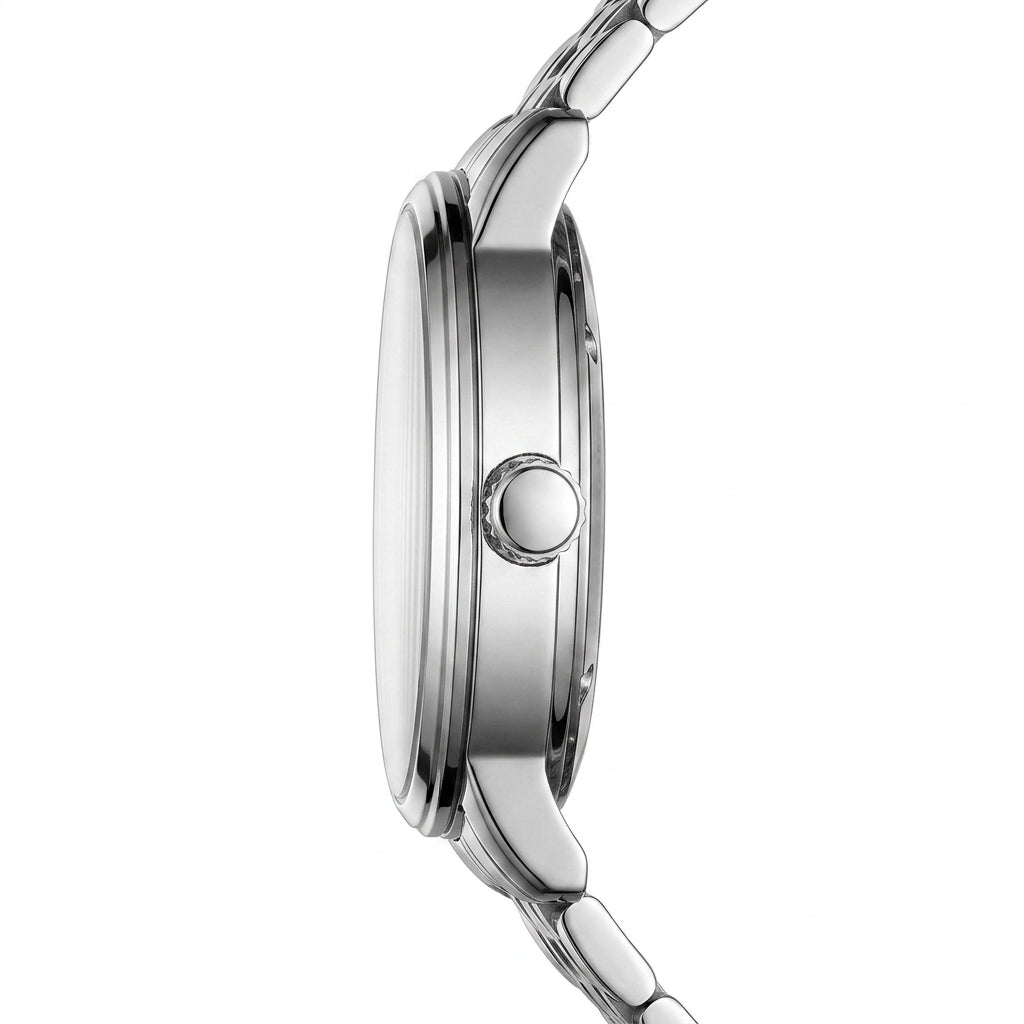Close-up of a silver watch with a white background
