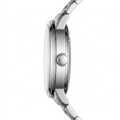 Close-up of a silver watch with a white background