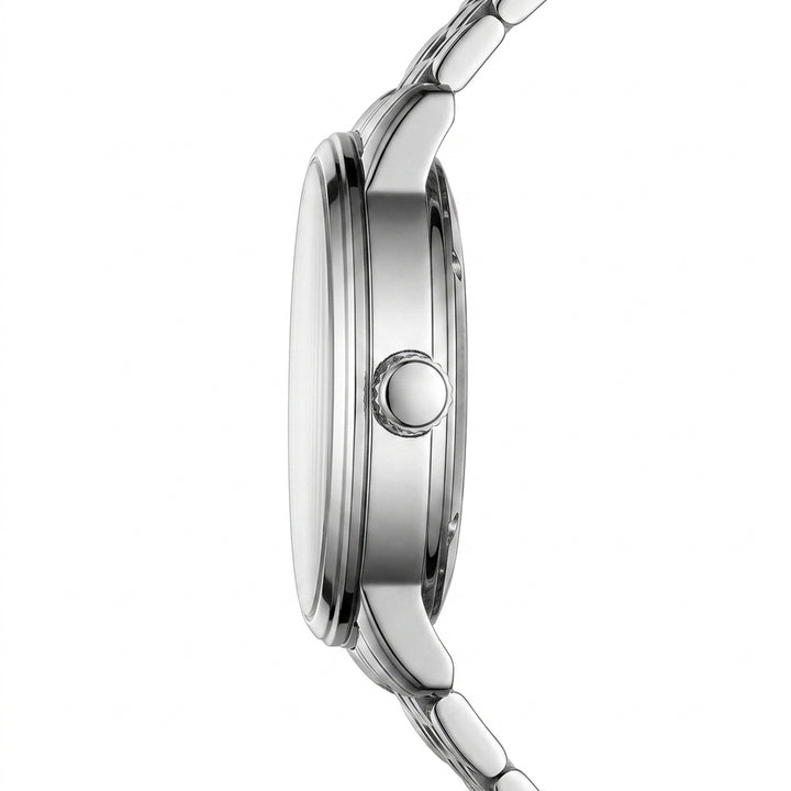 Close-up of a silver watch with a white background