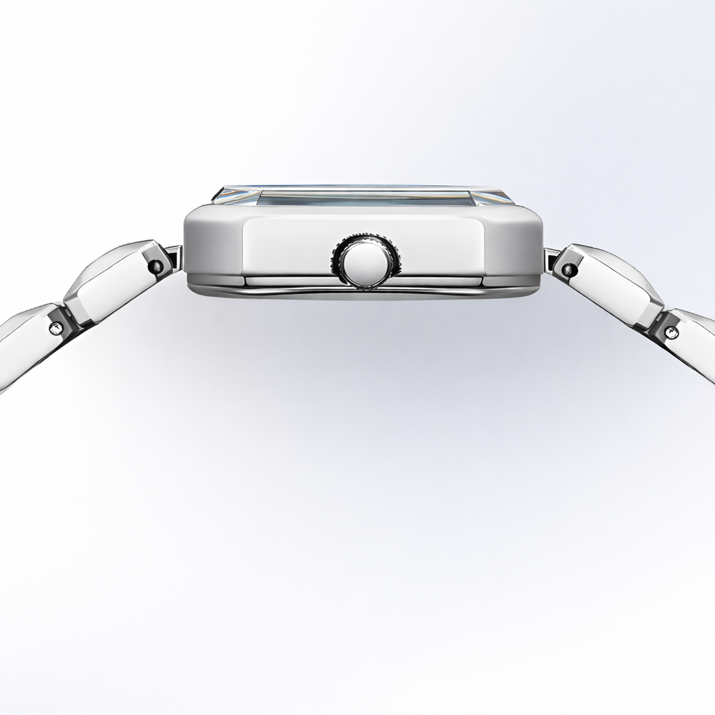 Close-up of a silver watch with a white background
