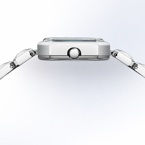 Close-up of a silver watch with a white background