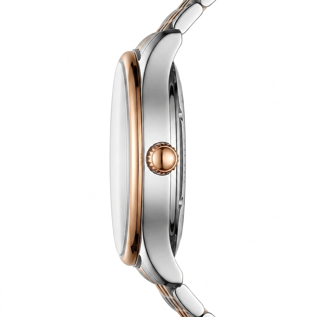 Close-up of a silver and rose gold watch on a white background
