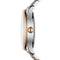 Close-up of a silver and rose gold watch on a white background