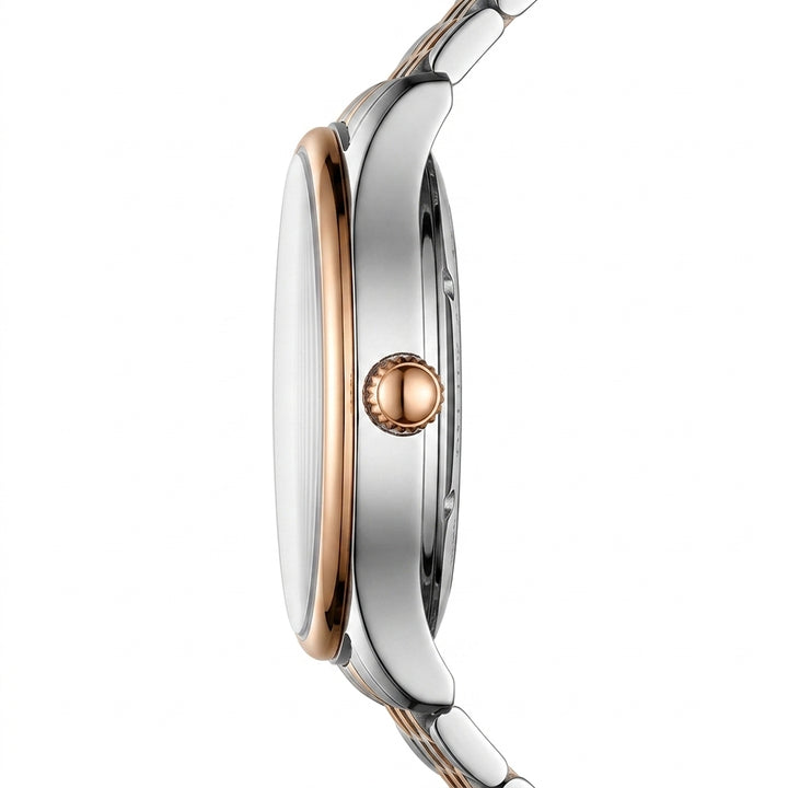 Close-up of a silver and rose gold watch on a white background