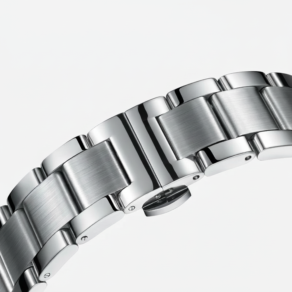 Close-up of a silver metal watch bracelet on a white background