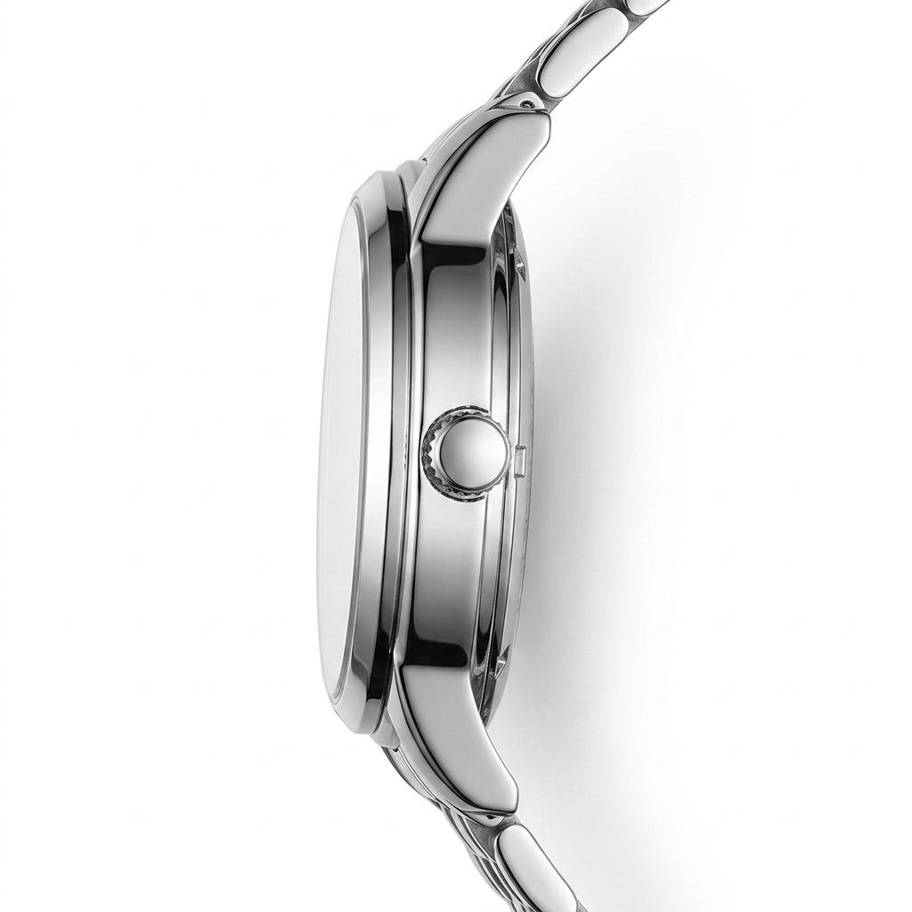 Close-up of a silver watch on a white background