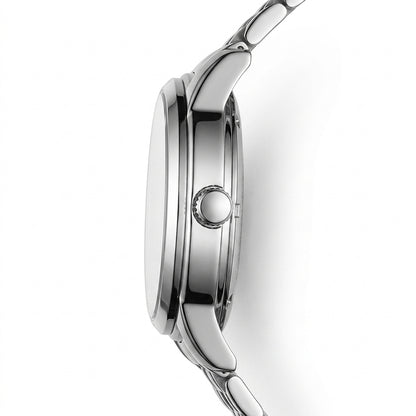 Close-up of a silver watch on a white background
