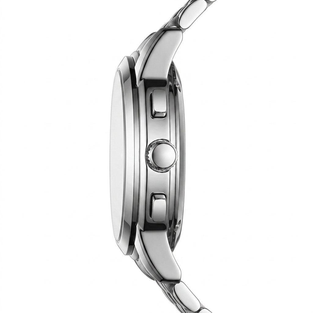 Close-up of a silver watch with detailed design on a white background