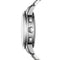 Close-up of a silver watch with detailed design on a white background