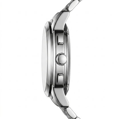 Close-up of a silver watch with detailed design on a white background