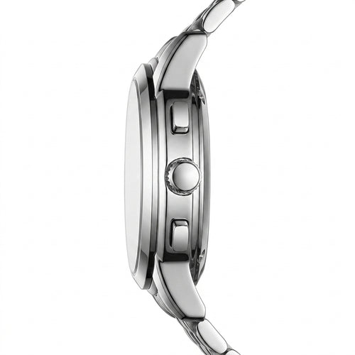Close-up of a silver watch with detailed design on a white background