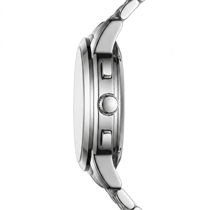 Close-up of a silver watch with detailed design on a white background