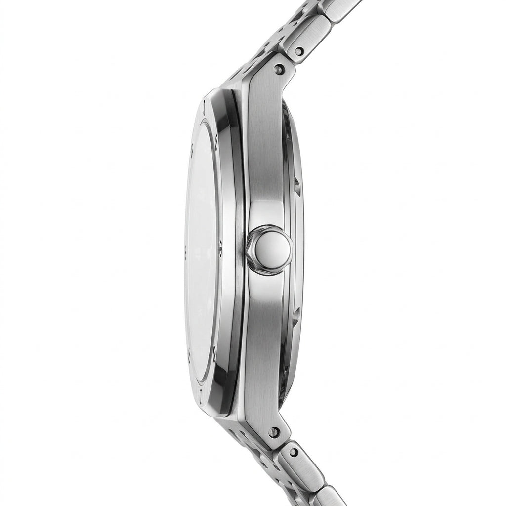 Close-up of a silver watch with a white background