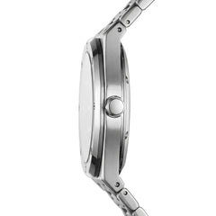 Close-up of a silver watch with a white background