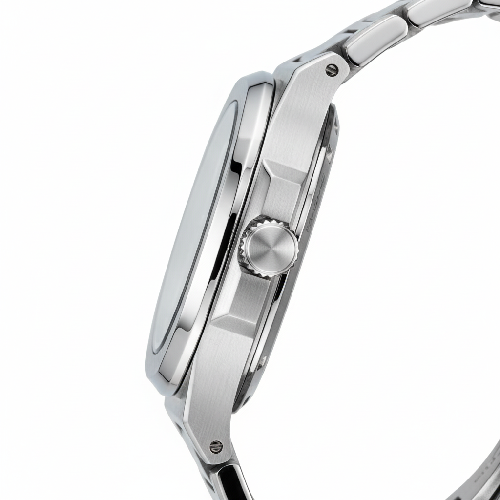 Close-up of a silver watch with a white background
