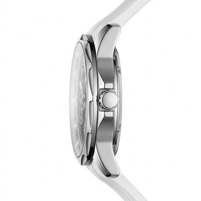 Close-up of a silver watch with a white background