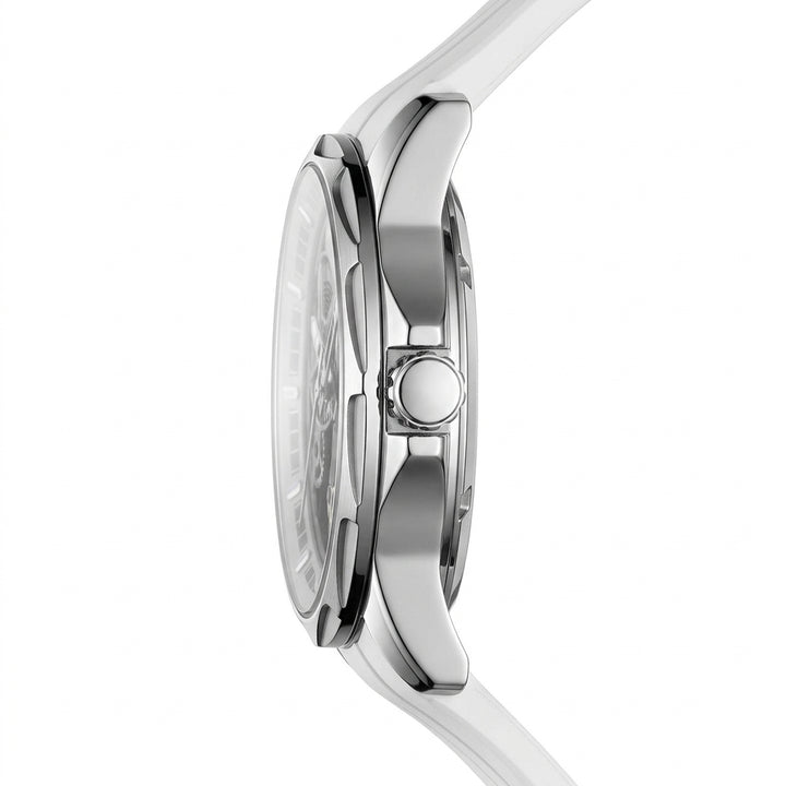 Close-up of a silver watch with a white background