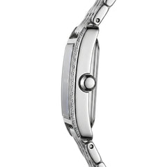 Close-up of a silver watch with a white background