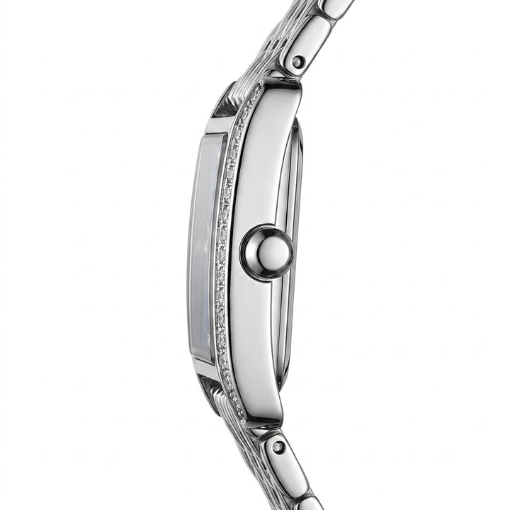 Close-up of a silver watch with a white background
