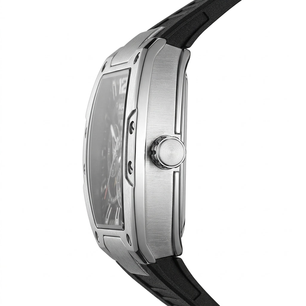 Close-up of a silver watch with a black strap on a white background