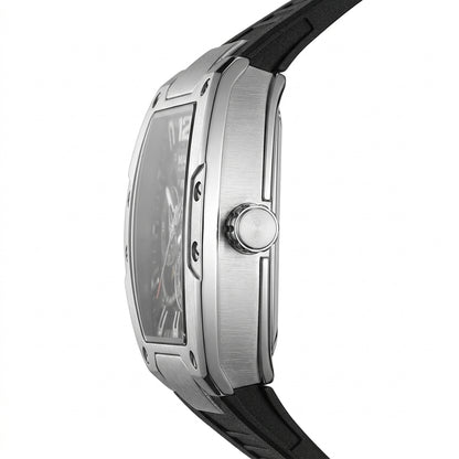 Close-up of a silver watch with a black strap on a white background