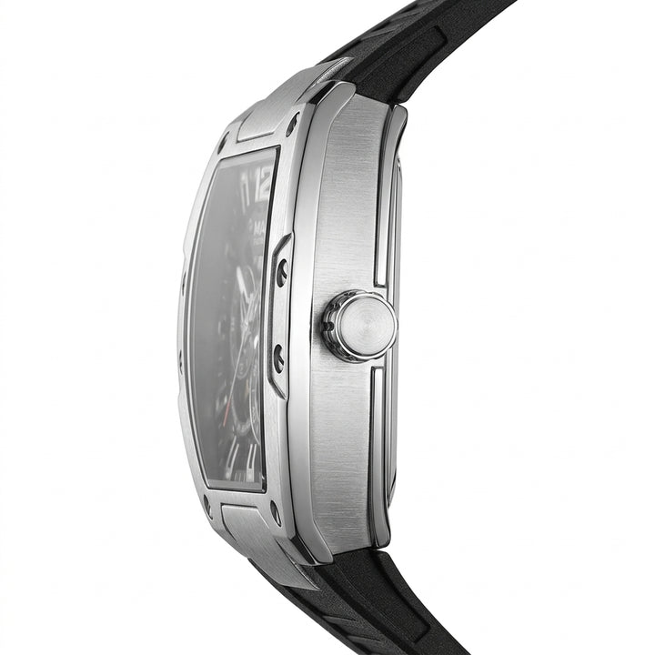 Close-up of a silver watch with a black strap on a white background