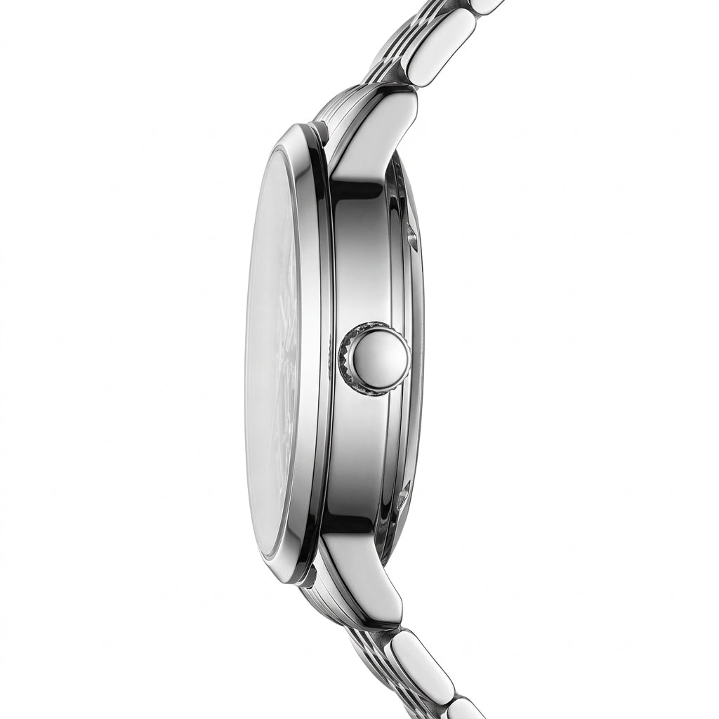 Close-up of a silver watch with a white background