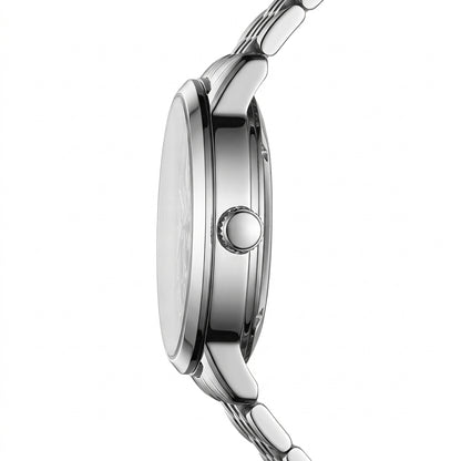 Close-up of a silver watch with a white background