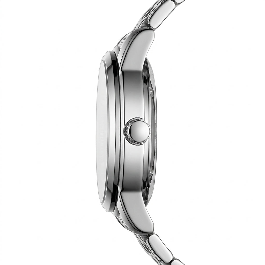 Close-up of a silver watch with a white background