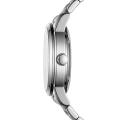 Close-up of a silver watch with a white background