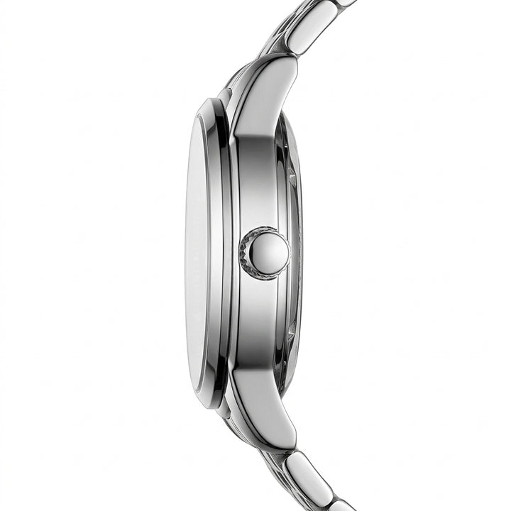 Close-up of a silver watch with a white background