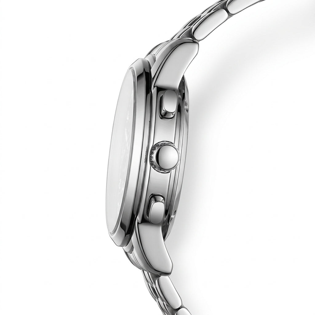 Close-up of a silver bracelet on a white background