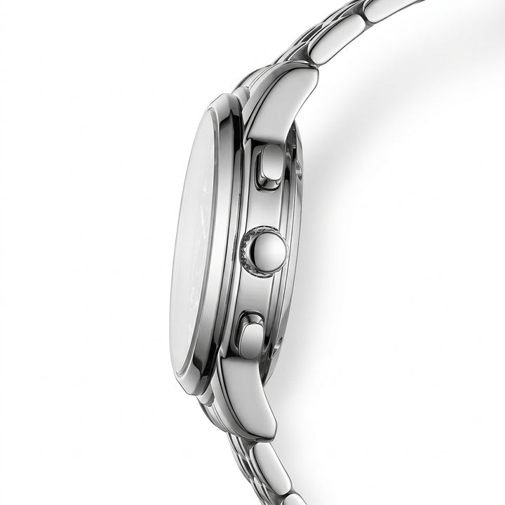 Close-up of a silver bracelet on a white background